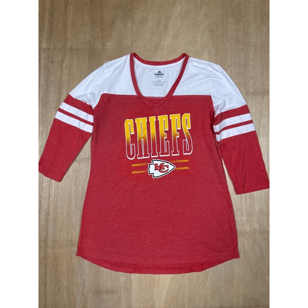 Majestic Kansas City Chiefs Womens Red White 3/4 Sleeve V Neck Tee Shirt Size M‎